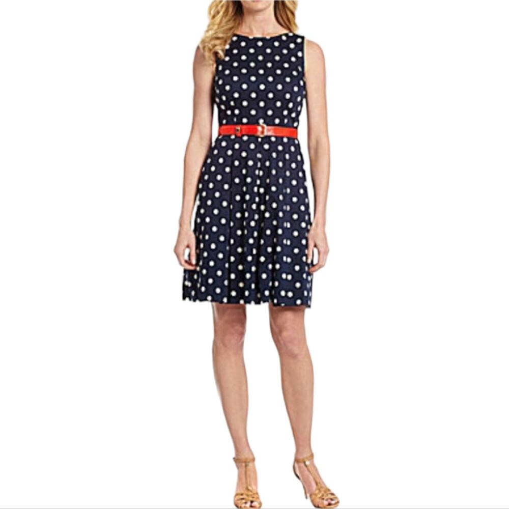 Tahari x Neiman Marcus Black and White Academia Polka Dot Sheath Dress Sz 10 New